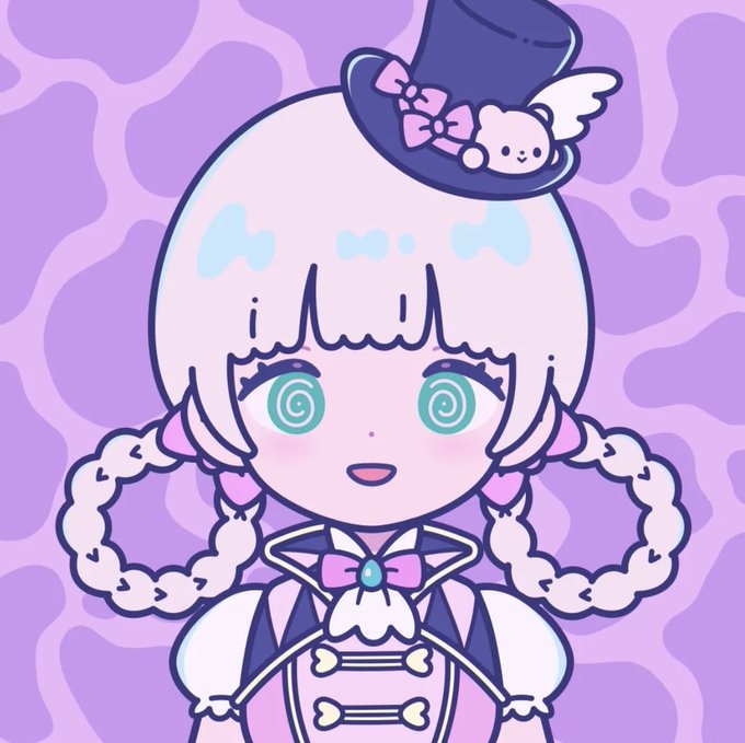 A pastel-colored chibi-style illustration of a girl with white hair, swirl-patterned teal eyes, a small top hat with a pink bow and bunny face, wearing a white and purple outfit.
