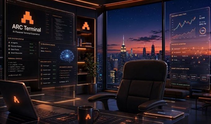 A sleek AI-powered workspace labeled 'ARC Terminal' overlooks a sunset cityscape, featuring multiple floating holographic displays showing market analytics, productivity metrics, and an 'AI Assistant' interface.