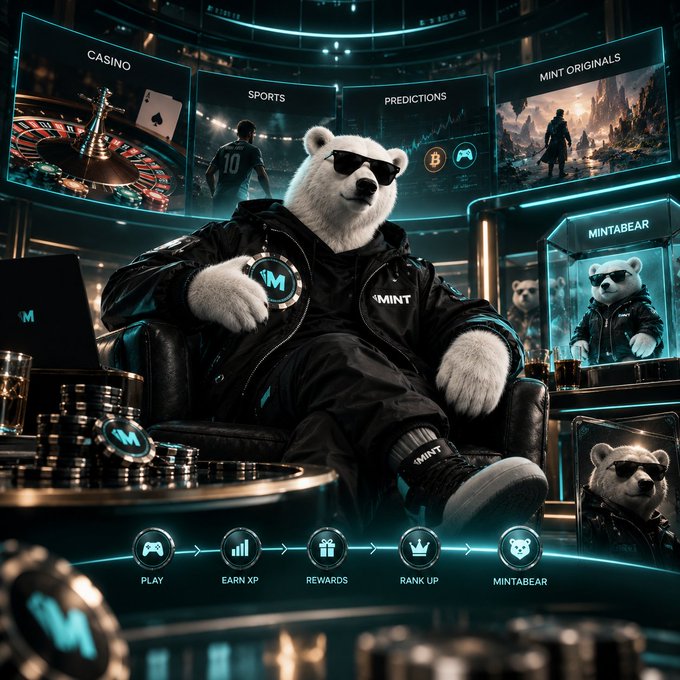 A promotional graphic for a gaming platform featuring an anthropomorphic white bear wearing sunglasses and a black jacket with an 'M' logo, seated in front of screens displaying 'CASINO', 'SPORTS', 'PREDICTIONS', and 'MINT ORIGINALS', with a navigation bar showing 'PLAY', 'EARN XP', 'REWARDS', 'RANK UP', and 'MINTABEAR'.