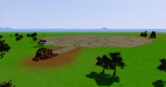 A 3D rendered landscape scene with green grass, scattered trees, dirt terrain, and small structures against a clear blue sky.