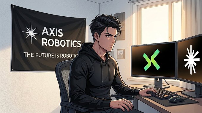 An anime-style illustration shows a young man in a black hoodie sitting at a dual-monitor setup, with a banner behind him reading 'AXIS ROBOTICS - THE FUTURE IS ROBOTIC' and logos on the screens.