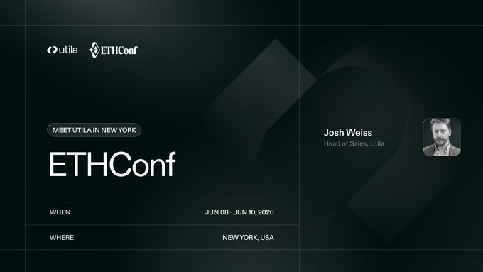 The image features a black background with white text that reads "ethconf" at the top, followed by "Utila" and "New York", indicating the location of an upcoming conference. The main focus of the image is a man's face, which appears to be a photo or video of Josh Weiss, who will be speaking at the conference. The caption below the image provides additional information about the event, stating that it is the @ethconf's next up for Utila in New York and that Josh Weiss will be representing Utila.