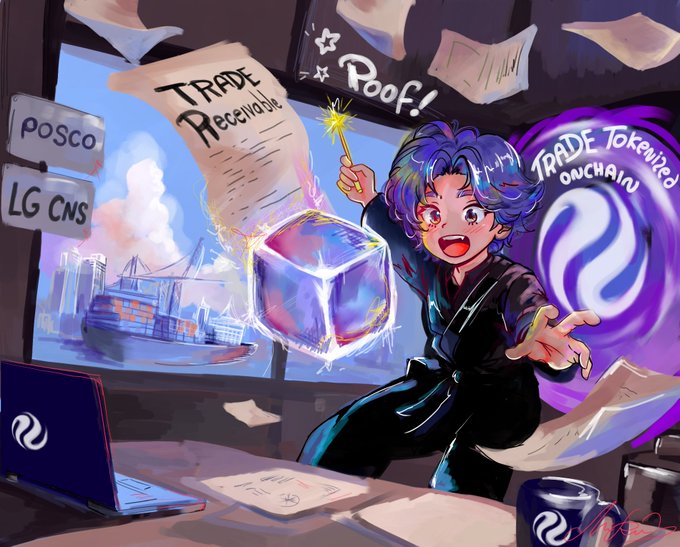 An anime-style character with purple hair holding a magic wand, with text reading 'Proof!', 'TRADE Receivable', 'POSCO', 'LG CNS', and 'TRADE Tokenized ONCHAIN'.