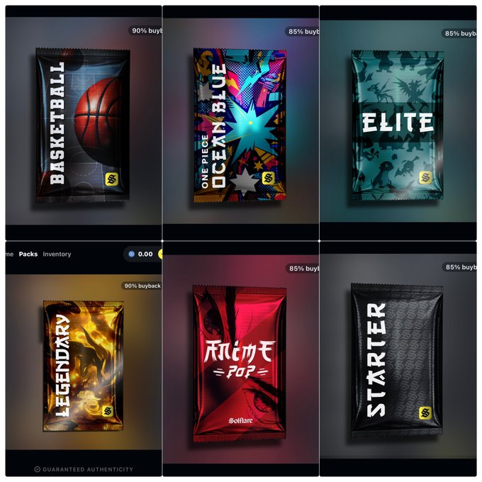 A collage of six digital card packs with names including 'BASKETBALL', 'ONE PIECE OCEAN BLUE', 'ELITE', 'LEGENDARY', 'ANIME POP', and 'STARTER', showing various buyback percentages like '90% buyback' and '85% buyback'.