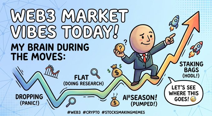 A colorful cartoon illustration titled 'WEB3 MARKET VIBES TODAY!' depicting the emotional rollercoaster of crypto investing, with stages labeled 'DROPPING (PANIC!)', 'FLAT (DOING RESEARCH)', 'AI SEASON! (PUMPED!)', and 'STAKING BAGS (HODL!)'.