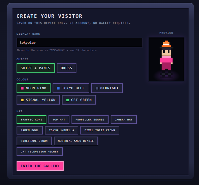 A character creation screen titled 'CREATE YOUR VISITOR' shows customization options with the display name 'tokyoluv' entered, selecting 'SHIRT + PANTS' outfit, 'NEON PINK' color, and 'TRAFFIC CONE' hat, with a preview of a pixelated character in pink.