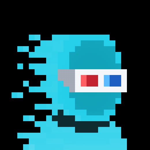 A pixel art image on a black background depicting a teal-colored character wearing red-blue 3D glasses, appearing to glitch or fragment on the left side.