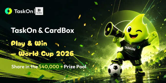 The image depicts a cartoon character, likely a soccer player or athlete from a world cup theme, standing next to a soccer ball that has a number 10 written on it. The backdrop features a cityscape with tall buildings under an artificial lighting effect. In the foreground of the image, there's text and logos related to a digital raffle playing on a website called TaskOn Cardbox, which offers rewards for entering the contest. This interactive activity is designed to engage players in participating by purchasing digital tickets or entering information into a virtual box. The post encourages people to play and win the game with its exciting gameplay mechanics and promises to share in a $4,000 prize pool among 100 randomly selected participants.