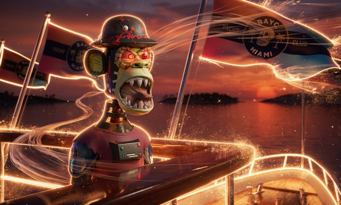 A menacing robotic monkey pirate with glowing red eyes and a hat stands on a boat at sunset, surrounded by flags bearing the 'BAYCLUB MIAMI' logo with a BayC logo.