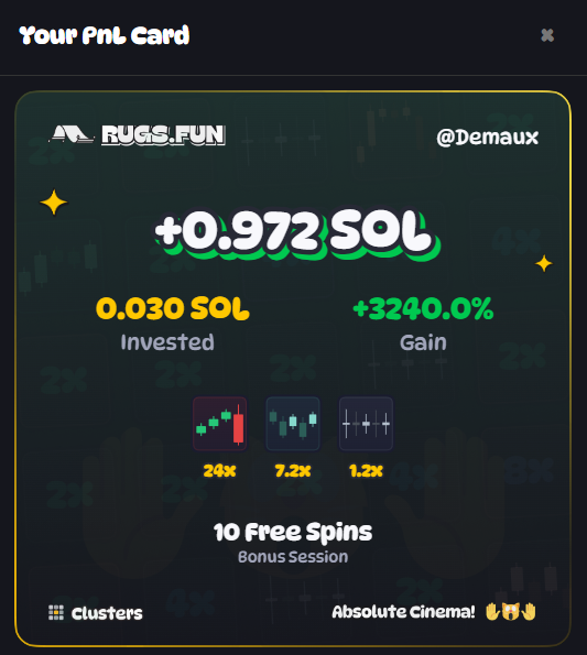 A "Your PnL Card" from RUGS.FUN shows user @Demaux winning +0.972 SOL with a +3240.0% gain on a 0.030 SOL investment, highlighted by three winning spins (24x, 7.2x, 1.2x) and labeled "Absolute Cinema!" — capturing the first spin victory with the new seed referenced in the post.