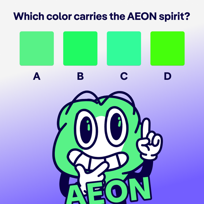 A green frog mascot labeled "AEON" points upward below the question "Which color carries the AEON spirit?" with four green color swatches (A–D) for viewers to choose from, encouraging social media engagement to win AEON token prizes.