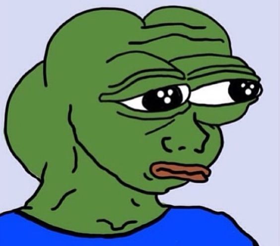 The 'Sad Pepe' meme, depicting a green frog character with droopy eyes and a frowning expression, often used to convey feelings of disappointment or melancholy.