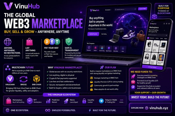 A promotional graphic for VinuHub, described as "THE GLOBAL WEB3 MARKETPLACE" powered by blockchain, featuring sections on its multichain ecosystem, features, and funding needs.