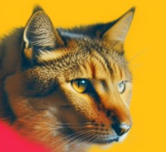 Close-up portrait of a fox with brown and reddish fur and striking blue eyes against a yellow background.