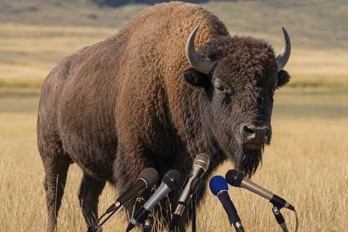 A humorous AI-generated image of a large brown bison standing in a grassy field, appearing to give a press conference with several microphones positioned in front of it.