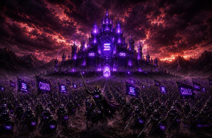 A dramatic dark fantasy scene featuring a purple-lit gothic castle with the word "CHAOS" displayed, while an army of soldiers carrying purple "CHAOS" banners stands in the foreground under a stormy red sky.