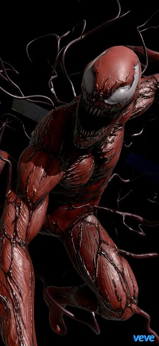 A menacing Carnage (Marvel symbiote) 3D digital collectible figure from Veve with sharp teeth and tendrils on a black background.