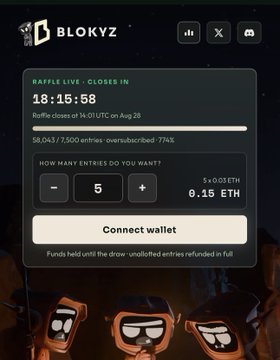 A BLOKYZ raffle page showing 58,043/7,500 entries oversubscribed, with a countdown timer and an option to buy 5 entries for 0.15 ETH.