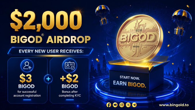 A promotional graphic for the "$2,000 BIGOD Airdrop" on bingold.to, featuring a glowing gold "BIGOD" coin atop a pedestal alongside parachutes dropping rewards, with text highlighting that every new user receives $3 BIGOD for registration plus an additional $2 BIGOD after completing KYC, supporting the post's urgent "LAST CHANCE" message to claim free $5 BIGOD rewards before the airdrop ends.