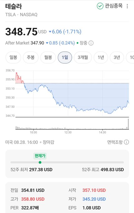 A stock chart in Korean shows Tesla (TSLA) NASDAQ trading at 348.75 USD, down 6.06 (1.71%), displaying a 1-day performance graph and various trading metrics.