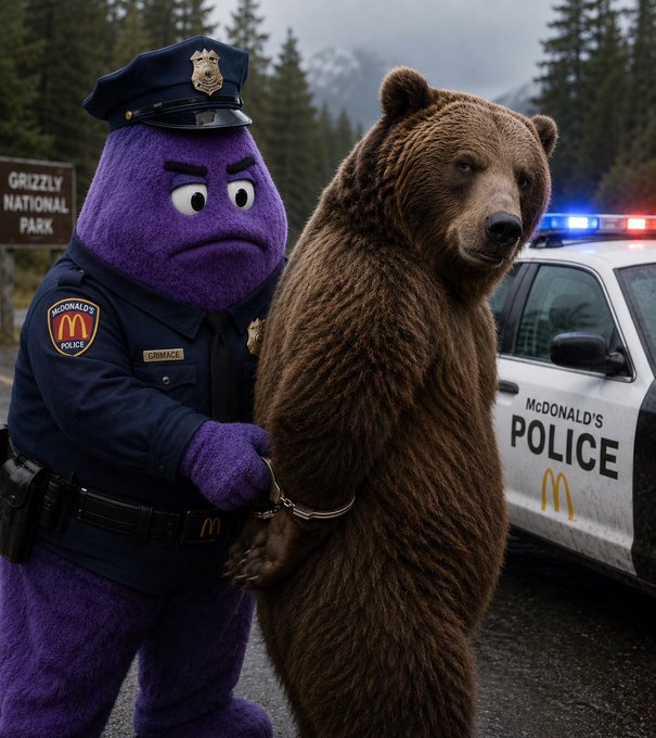 A purple McDonald's-themed police officer handcuffs a large brown bear in front of a Grizzly National Park sign and a police car marked 'McDonald's Police' with the golden arches logo.