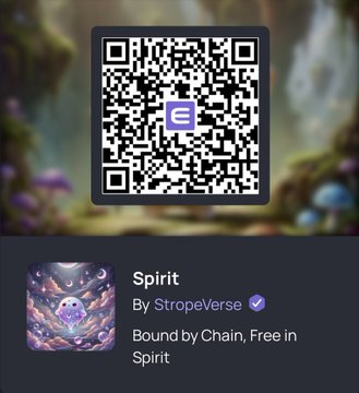 A QR code displayed above a profile for 'Spirit' by StropeVerse, described as 'Bound by Chain, Free in Spirit' with a purple mystical creature thumbnail.