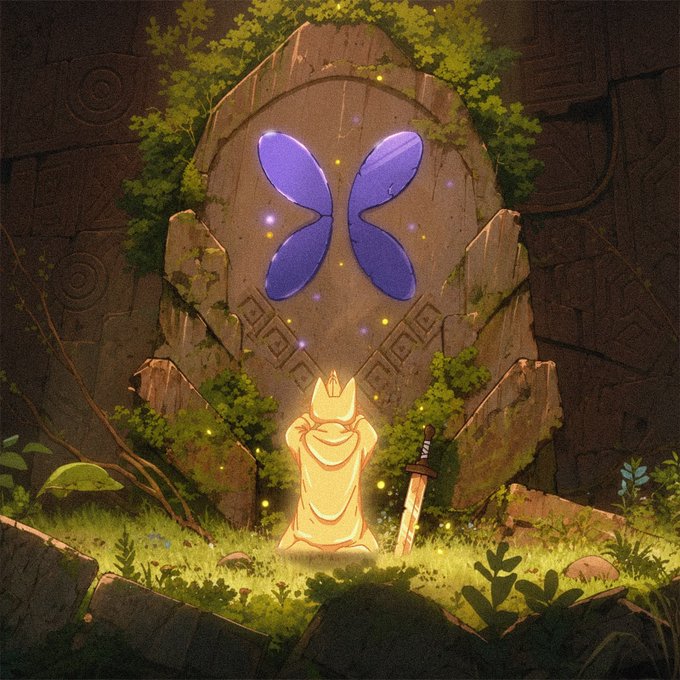 A fantasy illustration of a glowing cloaked figure kneeling before an ancient stone monument with a purple butterfly symbol carved into it, with a sword planted in the ground nearby.