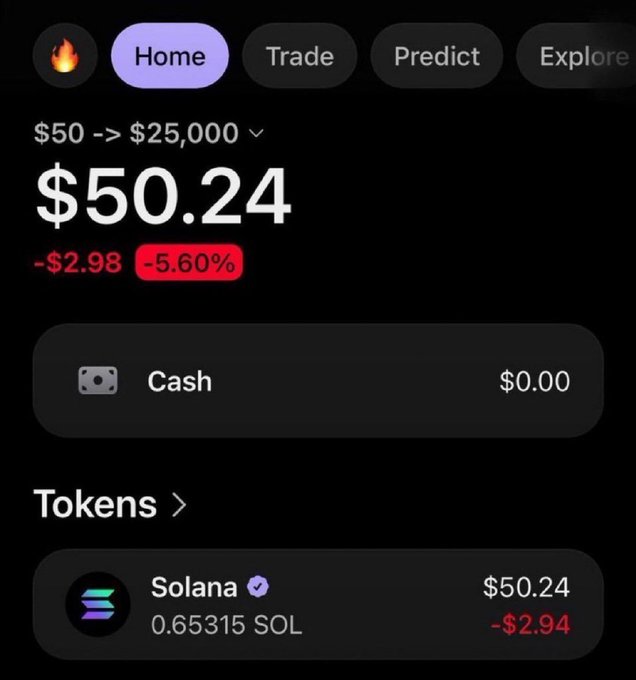 The image shows a crypto wallet portfolio with a starting investment of $50 that has grown to $50.24, holding 0.65315 SOL (Solana) at a current loss of -$2.94 (-5.60%). This relates to the giveaway post, where the creator is hosting a 12-hour contest requiring followers to like, retweet, and drop their Solana wallet addresses for a chance to win crypto.