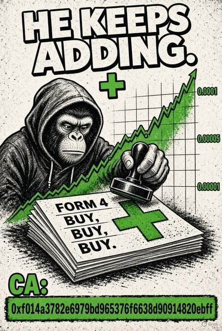 A meme featuring a gorilla in a hoodie stamping a "FORM 4 BUY, BUY, BUY" document, with text "HE KEEPS ADDING." and a green rising chart, including a contract address starting with "0xf014a3782e979bd965376f6638d90914820ebff".