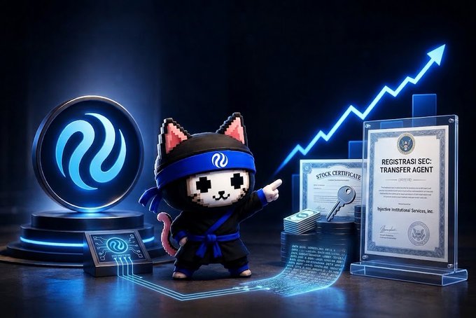 A promotional image featuring a cartoon ninja cat character in front of a glowing blue logo, with stock certificates, an upward trending chart, and a document labeled 'REGISTRAR & TRANSFER AGENT' and 'Injectevs Institutional Services, Inc.'