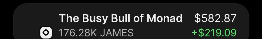 A dark interface card showing "The Busy Bull of Monad" with a value of "$582.87", "176.28K JAMES" supplied, and a gain of "+$219.09" in green.