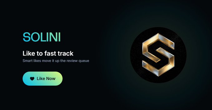 The image features a logo for Solini, which is a company that makes jewelry. The logo consists of a gold circle with a silver triangle inside. Below the logo, there's text that reads "Like to fast track Smart likes move up the review queue". This suggests that users can quickly and easily share their opinions about products or services on social media platforms like Twitter by liking them.