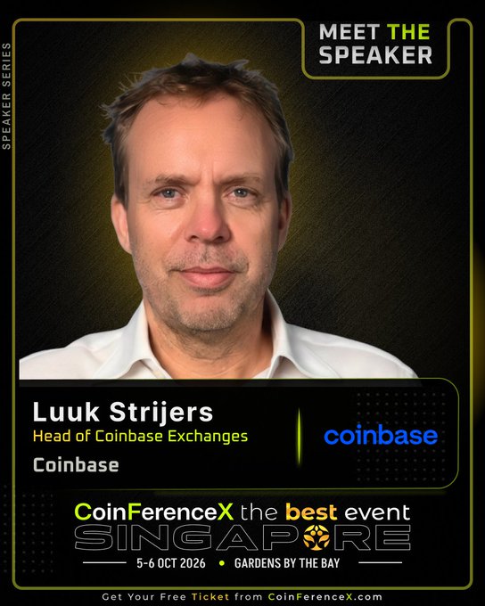 A promotional graphic for CoinFerenceX Singapore (5-6 October 2026) features Luuk Strijers, Head of Coinbase Exchanges at Coinbase, as part of the "Meet The Speaker" series. The image shows a professional headshot of Strijers alongside the event details and a call to get free tickets from CoinFerenceX.com, aligning with the announcement of his speaker role at the crypto conference.
