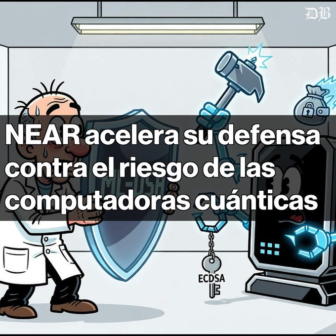 A cartoon illustration showing a scientist holding a shield defending against computer threats, with a hammer and padlock breaking icons, and Spanish text reading 'NEAR acelera su defensa contra el riesgo de las computadoras cuánticas' (NEAR accelerates its defense against the risk of quantum computers).