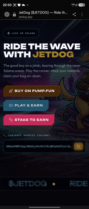 The image shows the JetDog ($JETDOG) landing page on jetdog.app with a "Ride the Wave with JETDOG" headline, featuring a jet ski-riding dog mascot, Solana contract address (8Bdum5DBYXqq158eGeJ45wKVifELQM7pASUFysLTp), and three buttons: "Buy on Pump.Fun," "Play & Earn," and "Stake to Earn" — directly promoting the Play-to-Earn feature and upcoming Stake2Earn option mentioned in the post about requiring 1M $JETDOG to play.