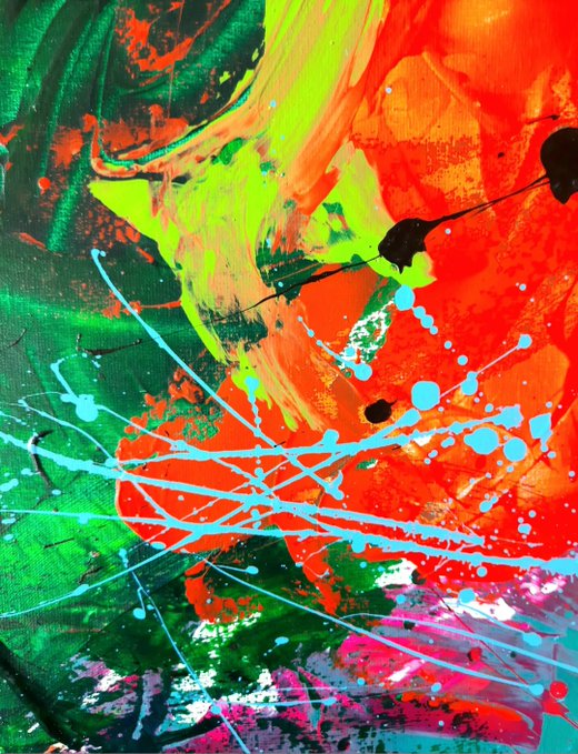 A vibrant abstract painting featuring energetic splashes and strokes of green, red, yellow, and light blue paint on a canvas.