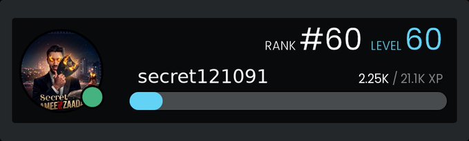 A digital profile card displays a Rank and Level of '60' next to a username 'secret121091' and an avatar featuring a character resembling John Wick with the text 'Secret E... MEET ZAAD'.