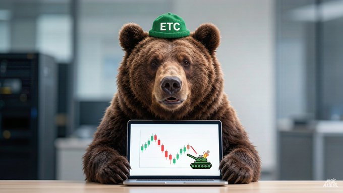 The image depicts a brown bear holding up an open laptop computer displaying a graph or chart related to cryptocurrency trading. The background shows multiple windows within an office space setting, which further indicates that the bear may be located in such an environment.