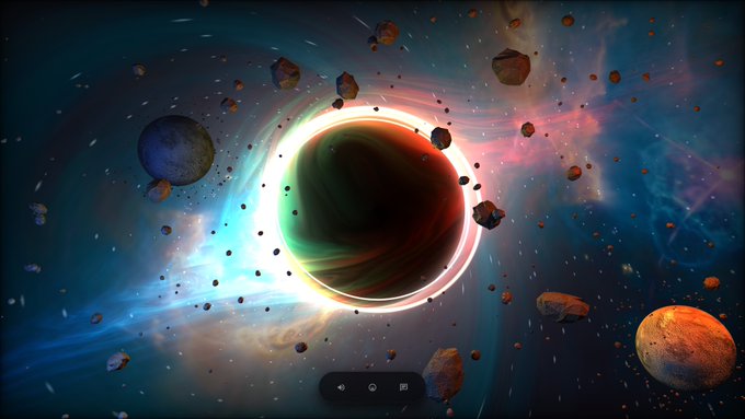 A digital space wallpaper showing a dark planet eclipsing a bright star, surrounded by asteroids, colorful nebulas, and smaller planets in the cosmos.