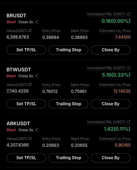 A cryptocurrency trading interface showing short positions for BRUSDT (3x), BTWUSDT (5x), and ARKUSDT (3x) with various entry prices and unrealized P&L values.