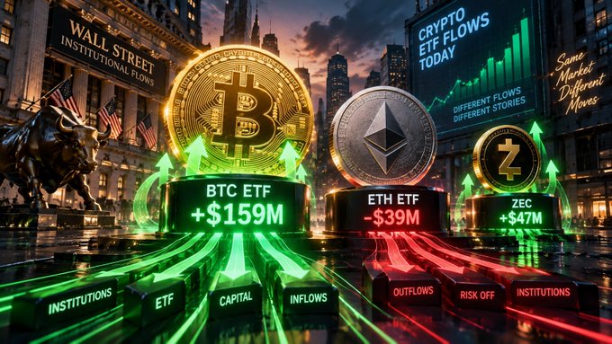 A digital illustration showing 'CRYPTO ETF FLOWS TODAY' with BTC ETF at '+$159M' and ETH ETF at '-$39M', featuring Bitcoin and Ethereum coins on Wall Street.