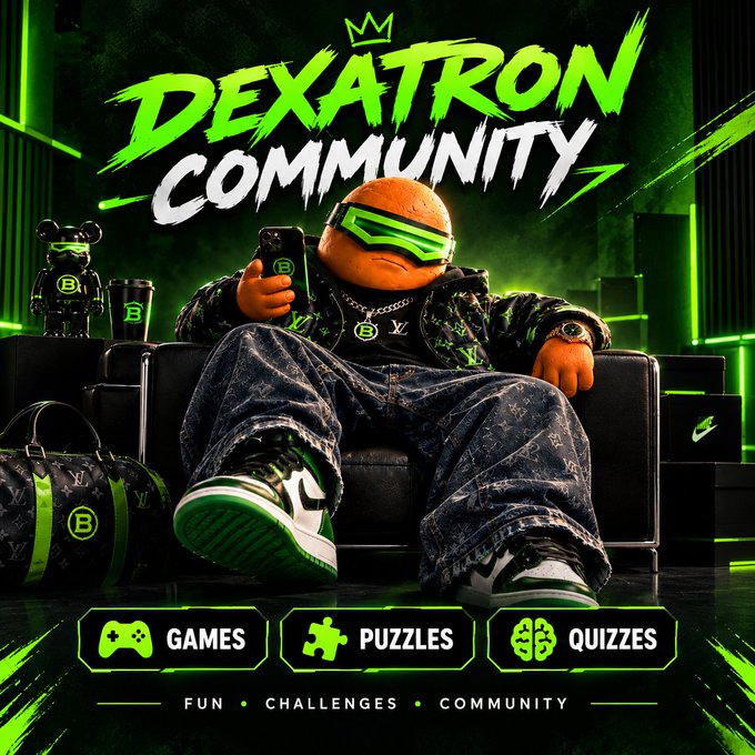 A promotional image for "DEXATRON COMMUNITY" features a stylized cartoon character wearing green sunglasses and designer clothing, offering "GAMES," "PUZZLES," and "QUIZZES."