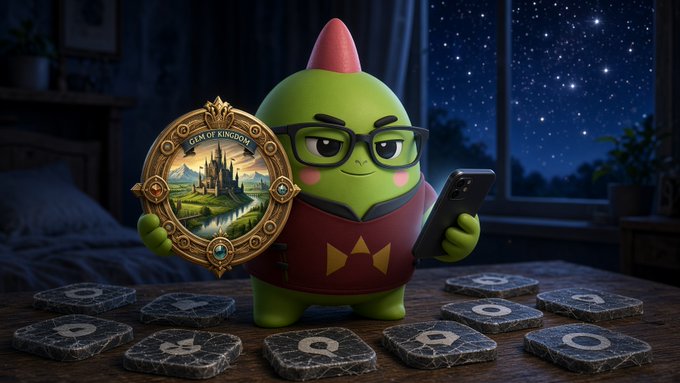 Digital illustration of a green gem-like cartoon character with glasses, a red hat, and a book, holding a framed 'GEM OF KINGDOM' picture and a smartphone, surrounded by stone rune tiles in a bedroom at night.