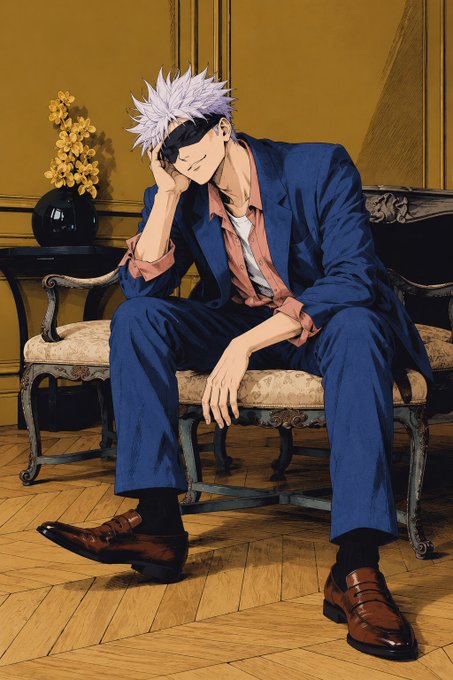 An anime-style illustration of a character with spiky white hair wearing a navy blue suit over an unbuttoned pink shirt, sitting on an ornate bench with a black sleep mask pushed up on his forehead.