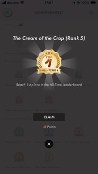 A STEPN app achievement notification celebrating "The Cream of the Crop (Rank 1)" for reaching 1st place on the All-Time Leaderboard, allowing the user to claim 9 points in the Style/Tag/Energy Mint/Lease streaks category. The screenshot visually represents the post's excitement about this milestone achievement and gratitude to fellow STEPN users.
