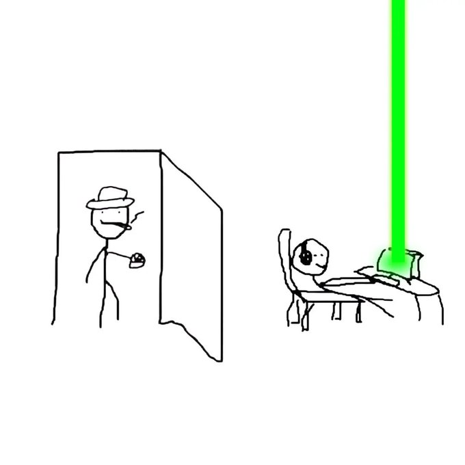 A simple stick-figure drawing showing a person in a hat and suit offering something to another person sitting in a chair, with a bright green vertical beam of light extending upward from them.