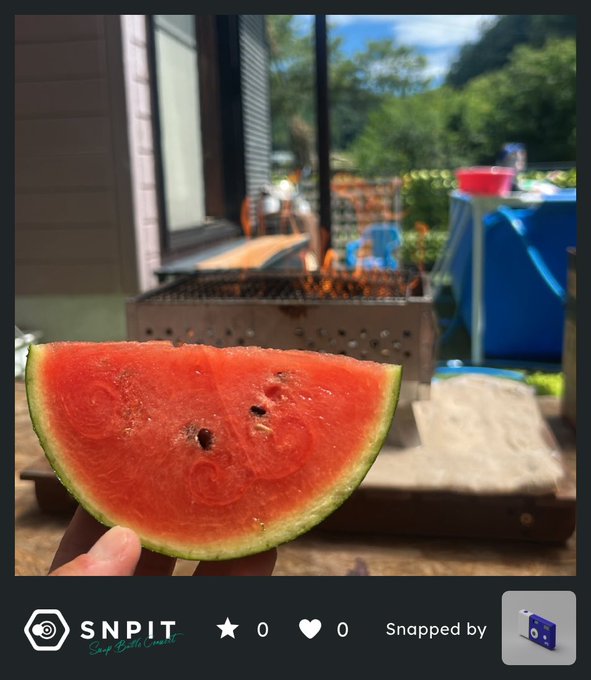 A handheld slice of watermelon shown in the foreground with a backyard setting including a grill and swimming pool behind it, watermarked 'SNPIT' at the bottom.