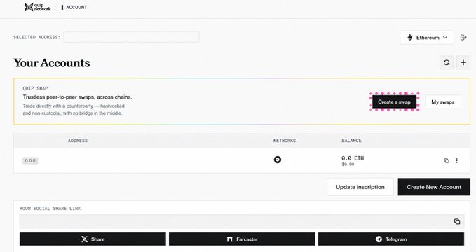 A screenshot of the XOS Network account interface shows an Ethereum account with 0.0 ETH balance, featuring a 'Create a swap' button highlighted with a dashed border.
