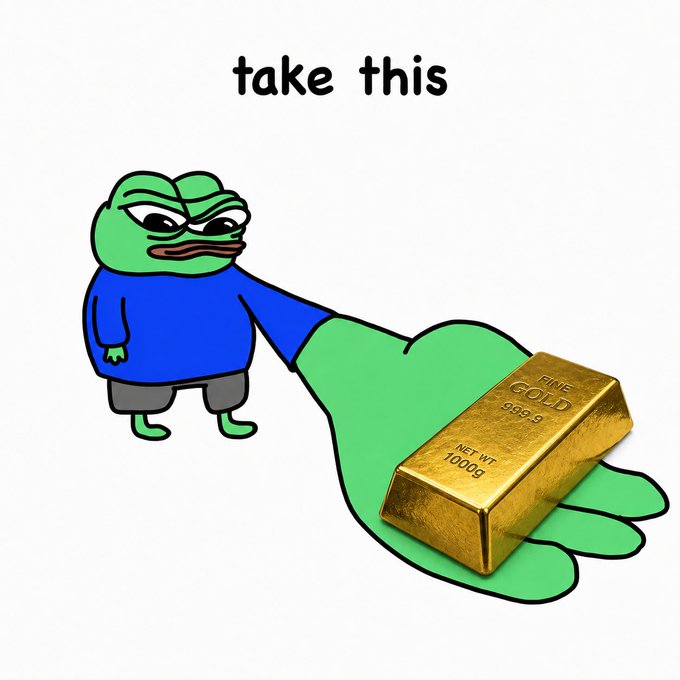 The image features a cartoon frog with green skin, standing next to a large gold bar that is being held by someone's hand. The text "Take this" is written above the frog, which suggests that the person holding the gold bar is encouraging others to take action or make a change in their lives. The post also mentions an event where people can win gold rewards for participating and focusing on what they want to achieve.