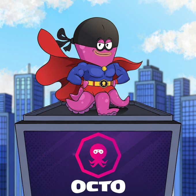 The image features a cartoon character, possibly an octopus or a squid, sitting atop a building with a city skyline in the background. The character has a red cape and a black hat, giving them a superhero appearance. The character's face is painted white, making them easily recognizable as a cartoon character. In the bottom right corner of the image, there is a purple square that says "@solana tier list: S Tier - Star Atlas → @staratlas". This suggests that the image might be related to a gaming event or convention where the character could be participating in an activity or competition.